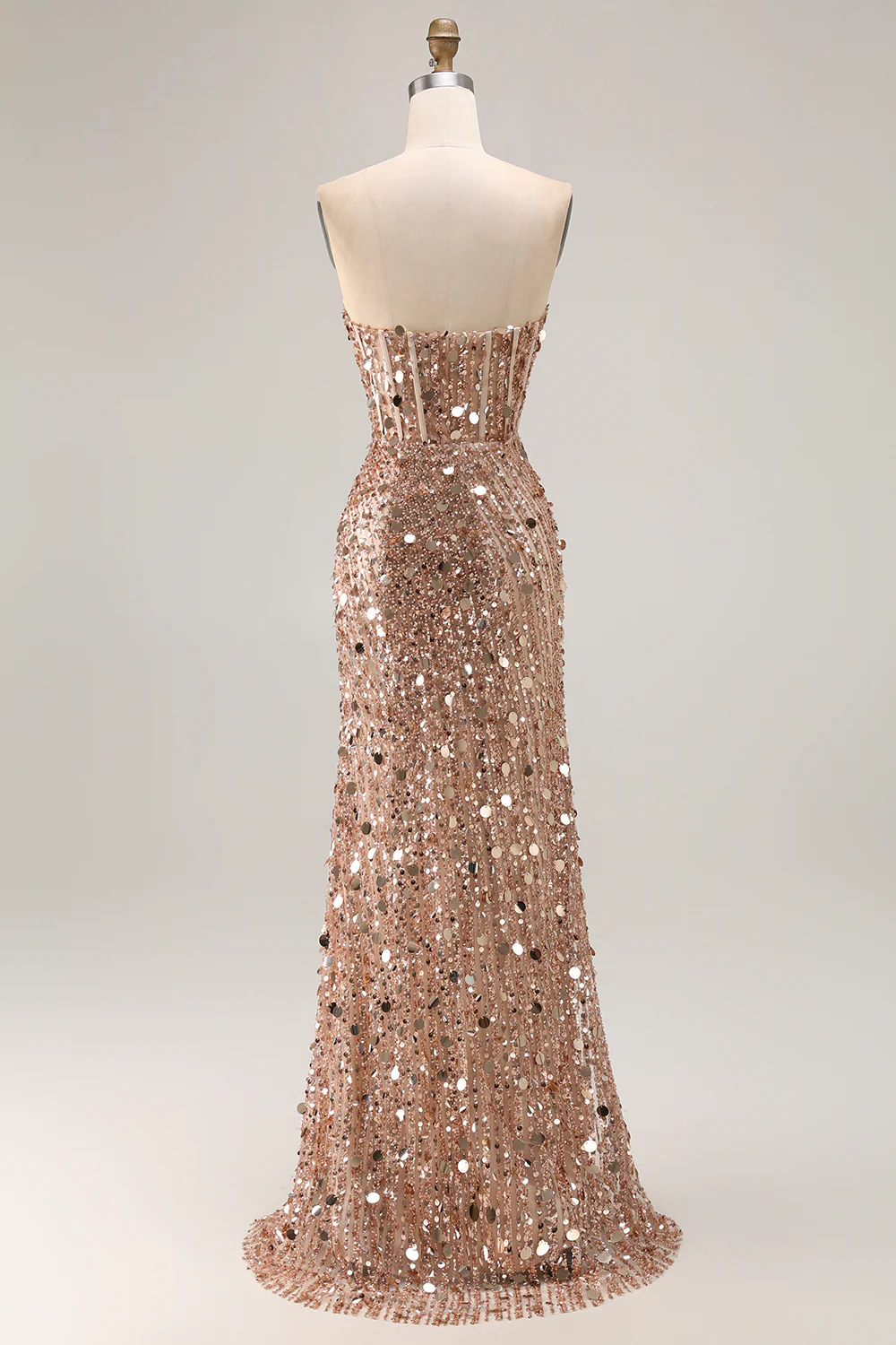 Sparkly Champagne Corset Beaded Long Prom Dress with Slit - VNBITS