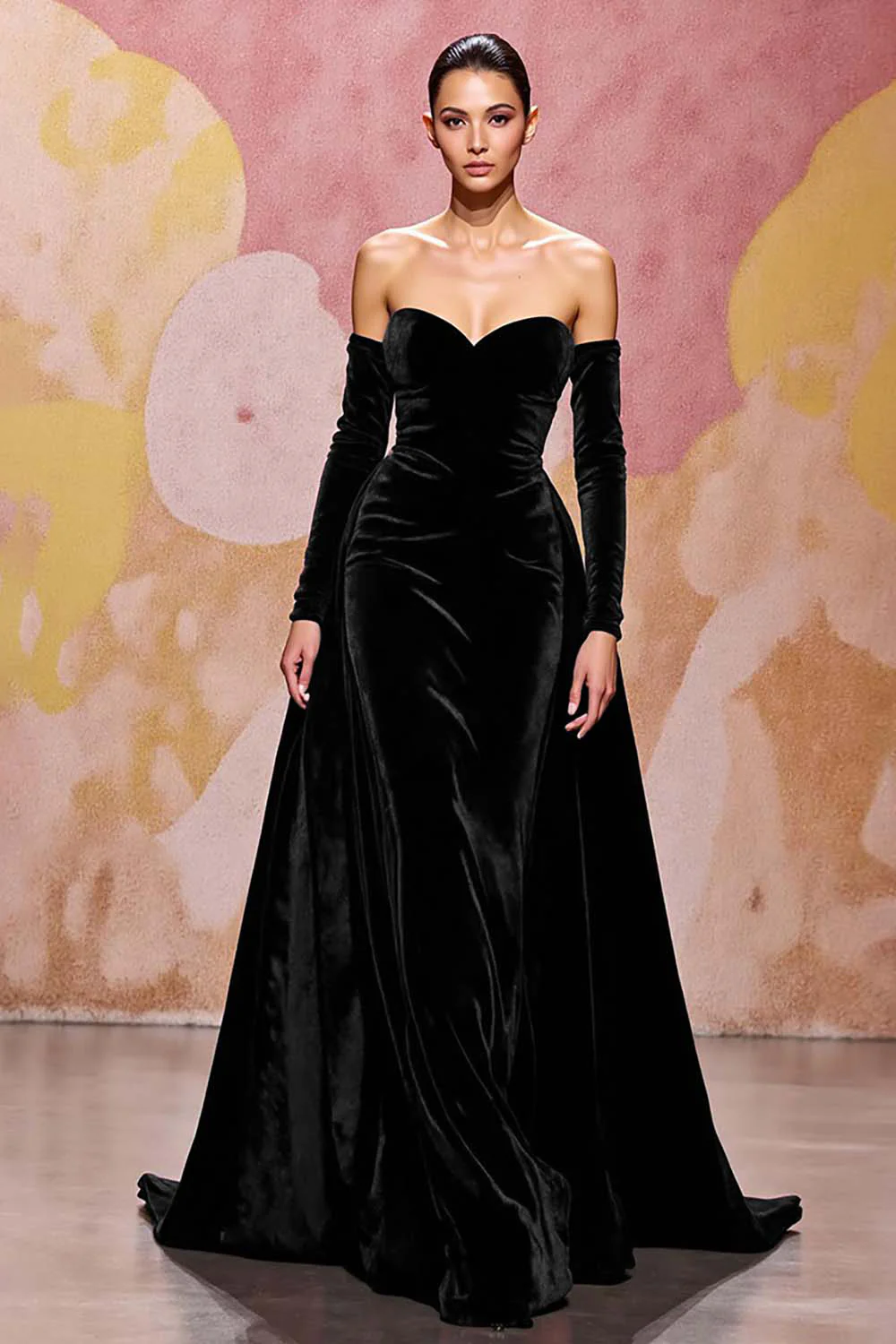 Dark Red Velvet A Line Long Off the Shoulder Evening Dress - VNBITS