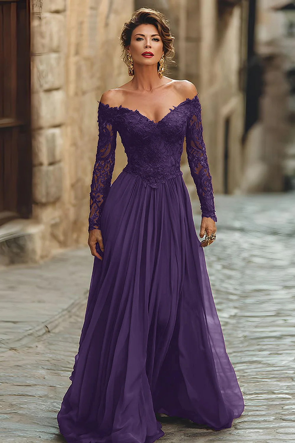 Cabernet Chiffon A Line Long Mother of the Bride Dress with Lace - VNBITS