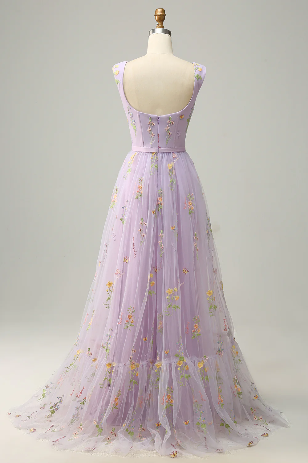 A Line Champagne Tulle Floral Prom Dress - VNBITS