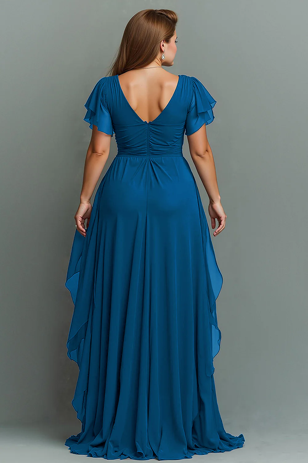 Navy Chiffon V-Neck Ruched Long  with Ruffles - VNBITS