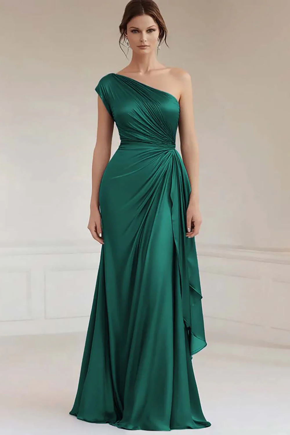 Grey Blue One Shoulder Sheath Long Ruched Formal Dress - VNBITS