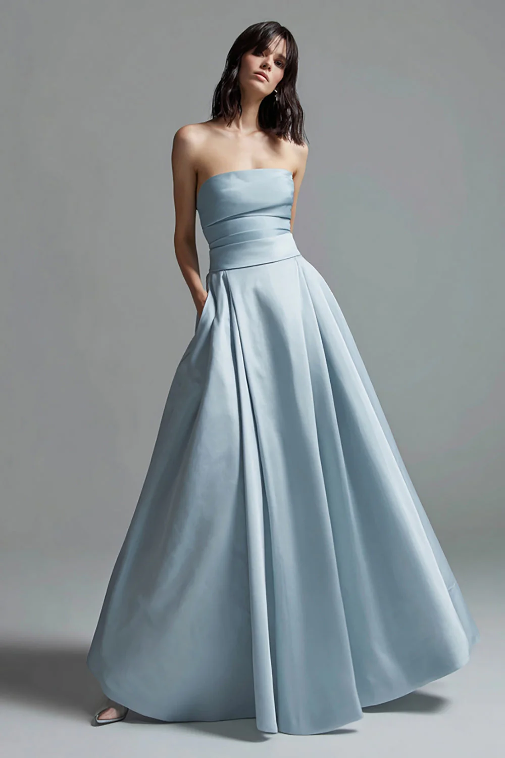 Sky Blue A Line Satin Strapless Ruched Long Formal Dress - VNBITS