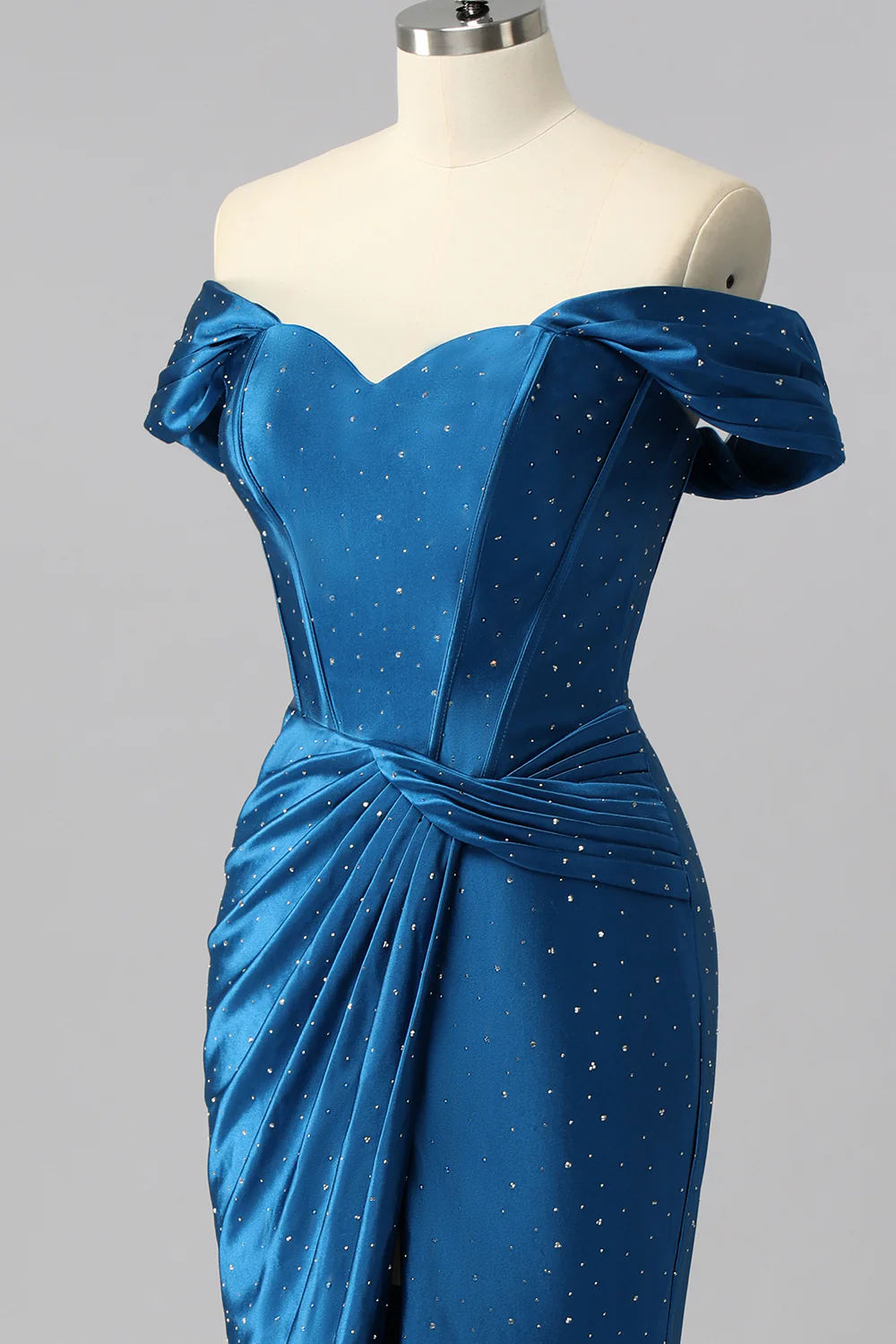 Sparkly Dark Blue Off the Shoulder Satin Mermaid Long Corset Prom Dress with Beading - VNBITS