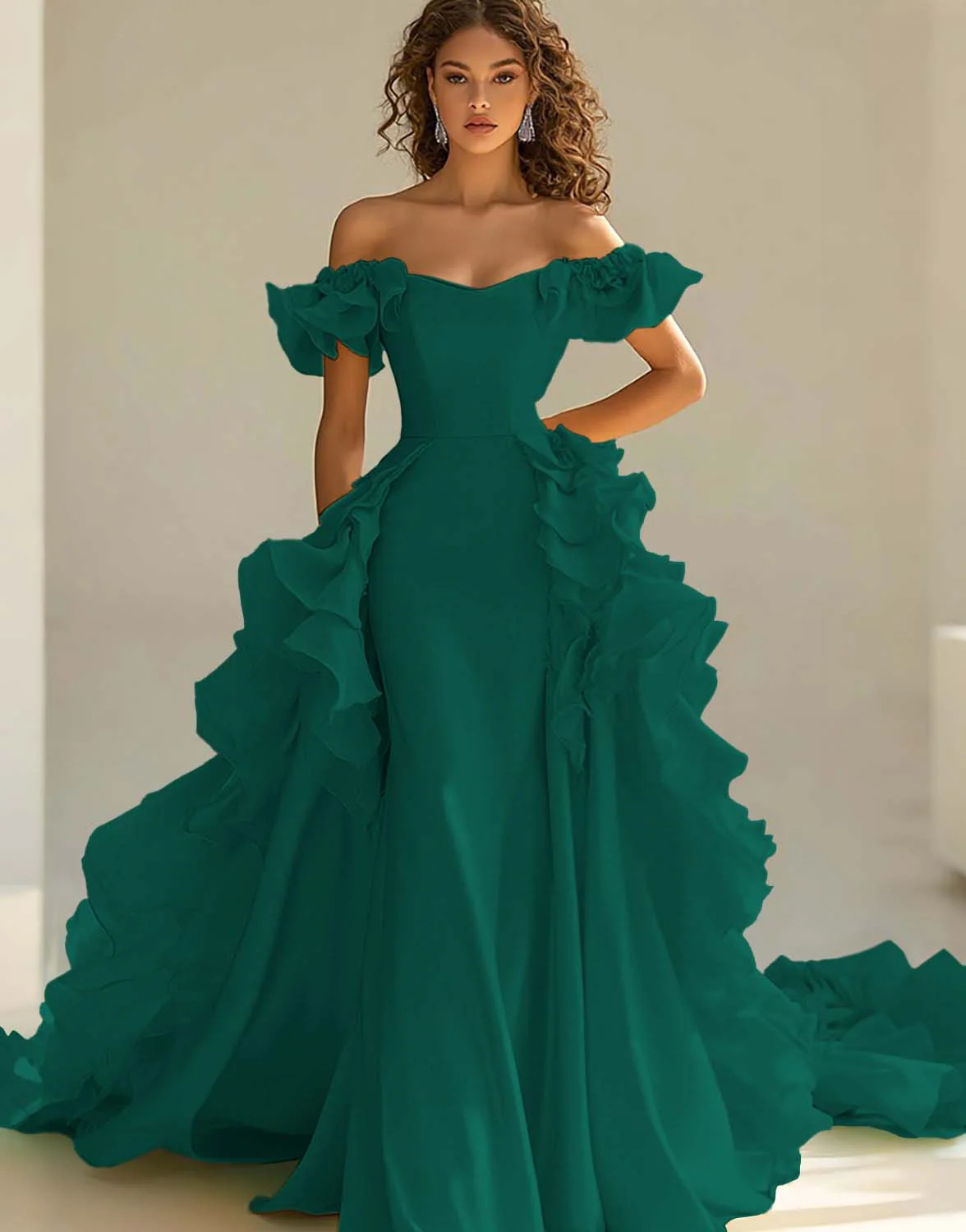 Yellow Satin Long Off the Shoulder Prom Dress with Ruffles - VNBITS