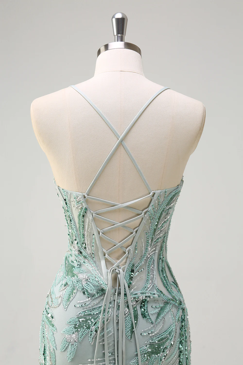 Sparkly Sage Mermaid Sequined Beaded Spaghetti Straps Long Prom Dress - VNBITS