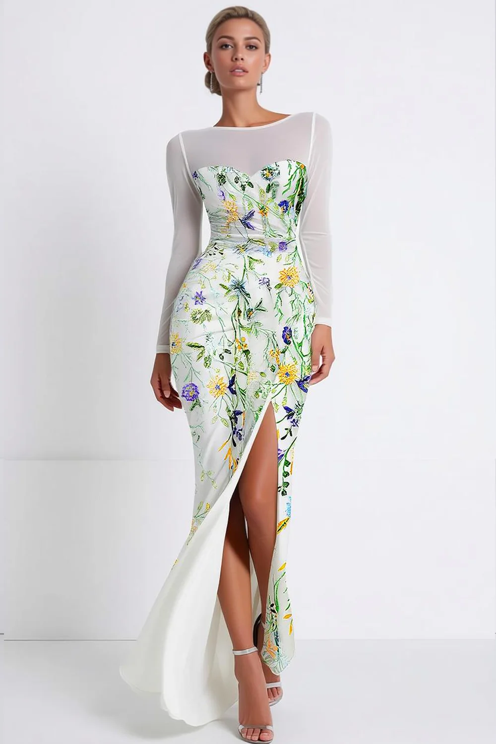 Floral Mermaid Boat Neck Long Sleeves Prom Dress with Slit - VNBITS