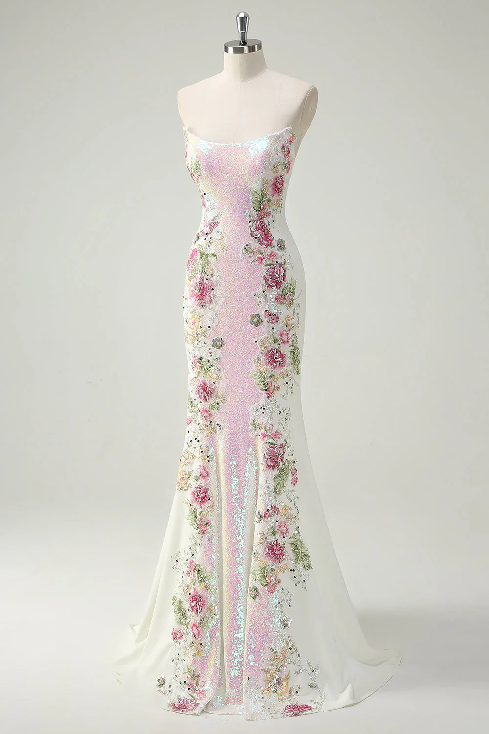 Sparkly White Floral Strapless Mermaid Long Prom Dress - VNBITS