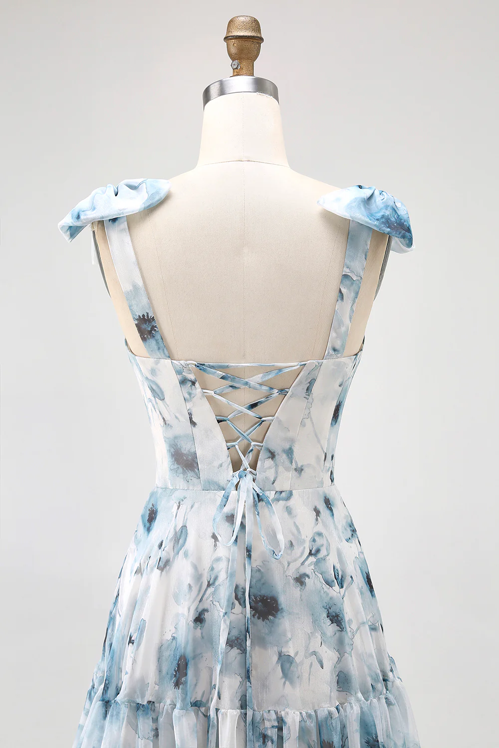 Blue A Line Floral Chiffon Long Bridesmaid Dress with Bows - VNBITS