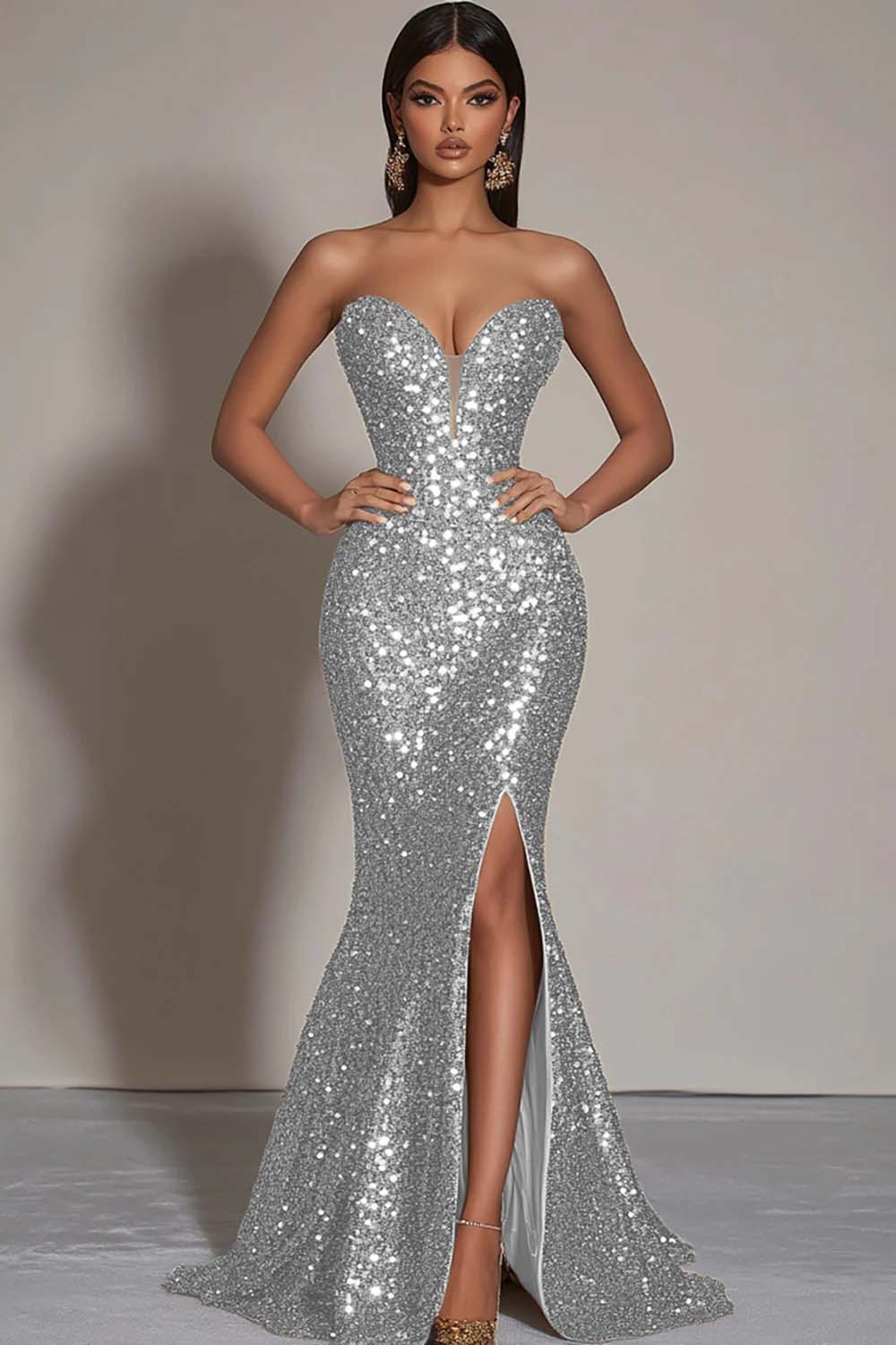 Sparkly Gold Mermaid Long Sequins Formal Dress with Slit - VNBITS
