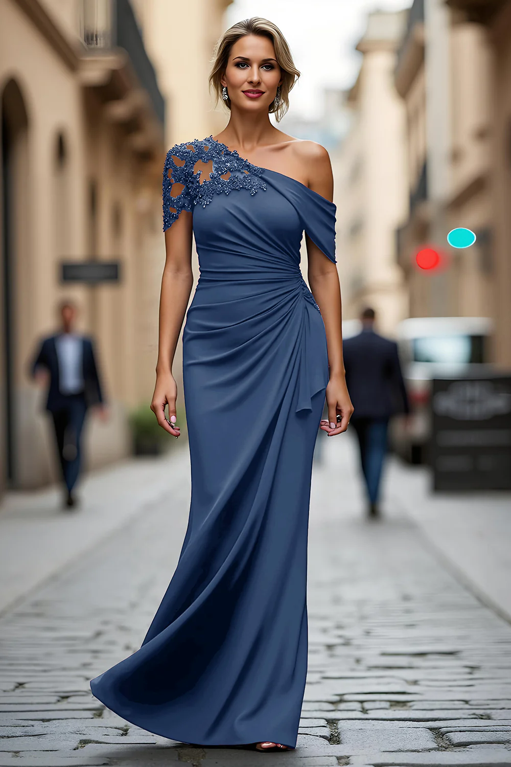 Black One Shoulder Sheath Long Mother of the Bride Dress with Appliques - VNBITS