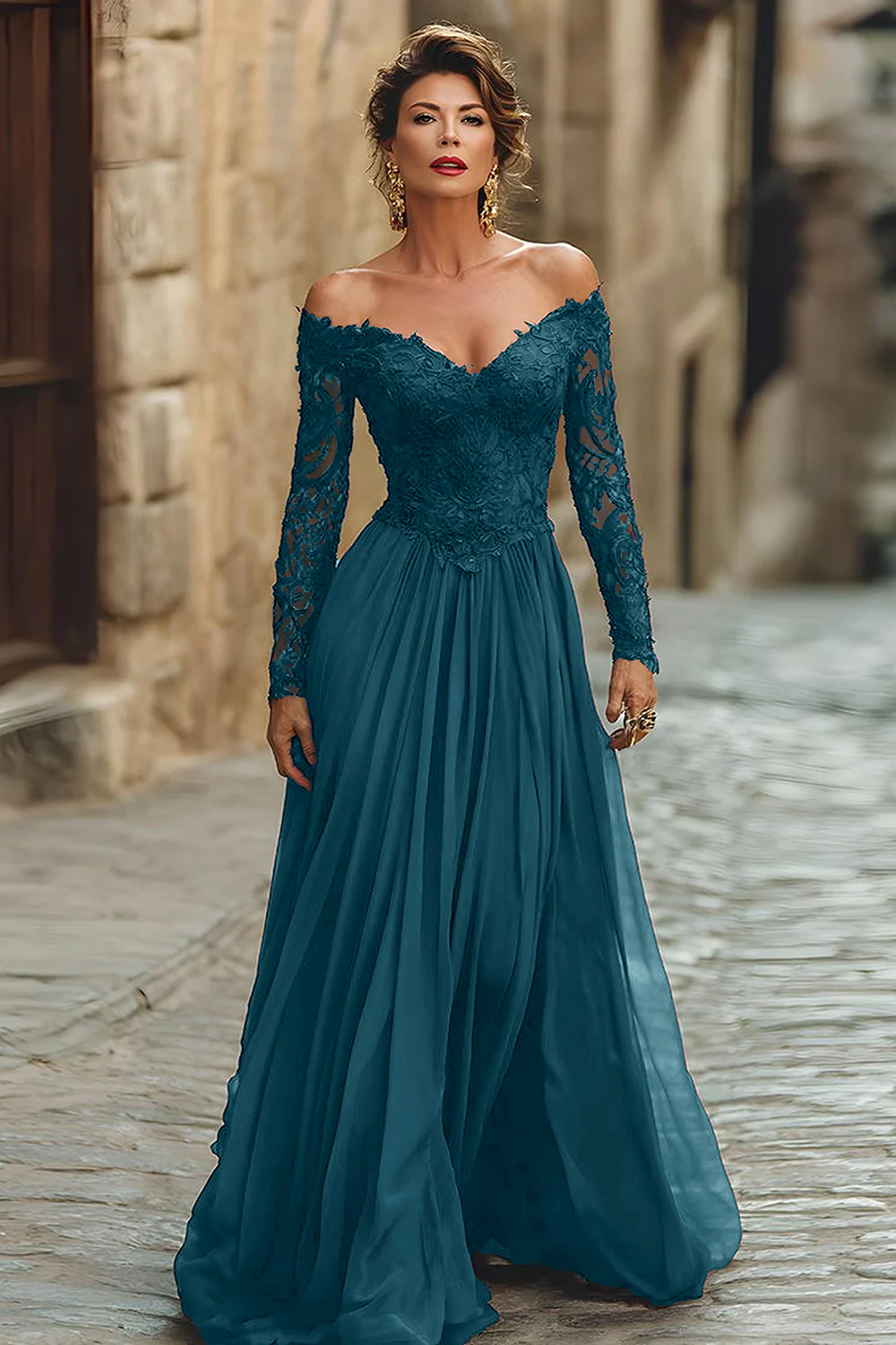 Cabernet Chiffon A Line Long Mother of the Bride Dress with Lace - VNBITS