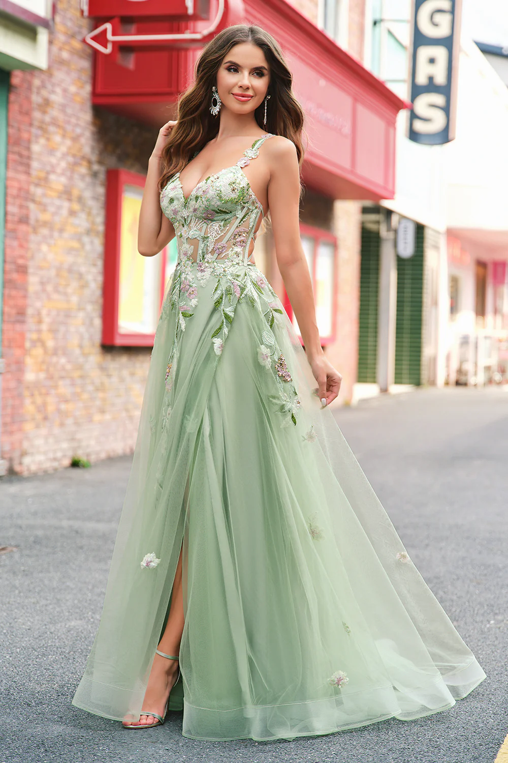 Green Floral A-Line Applique Tulle Long Prom Dress with Slit - VNBITS