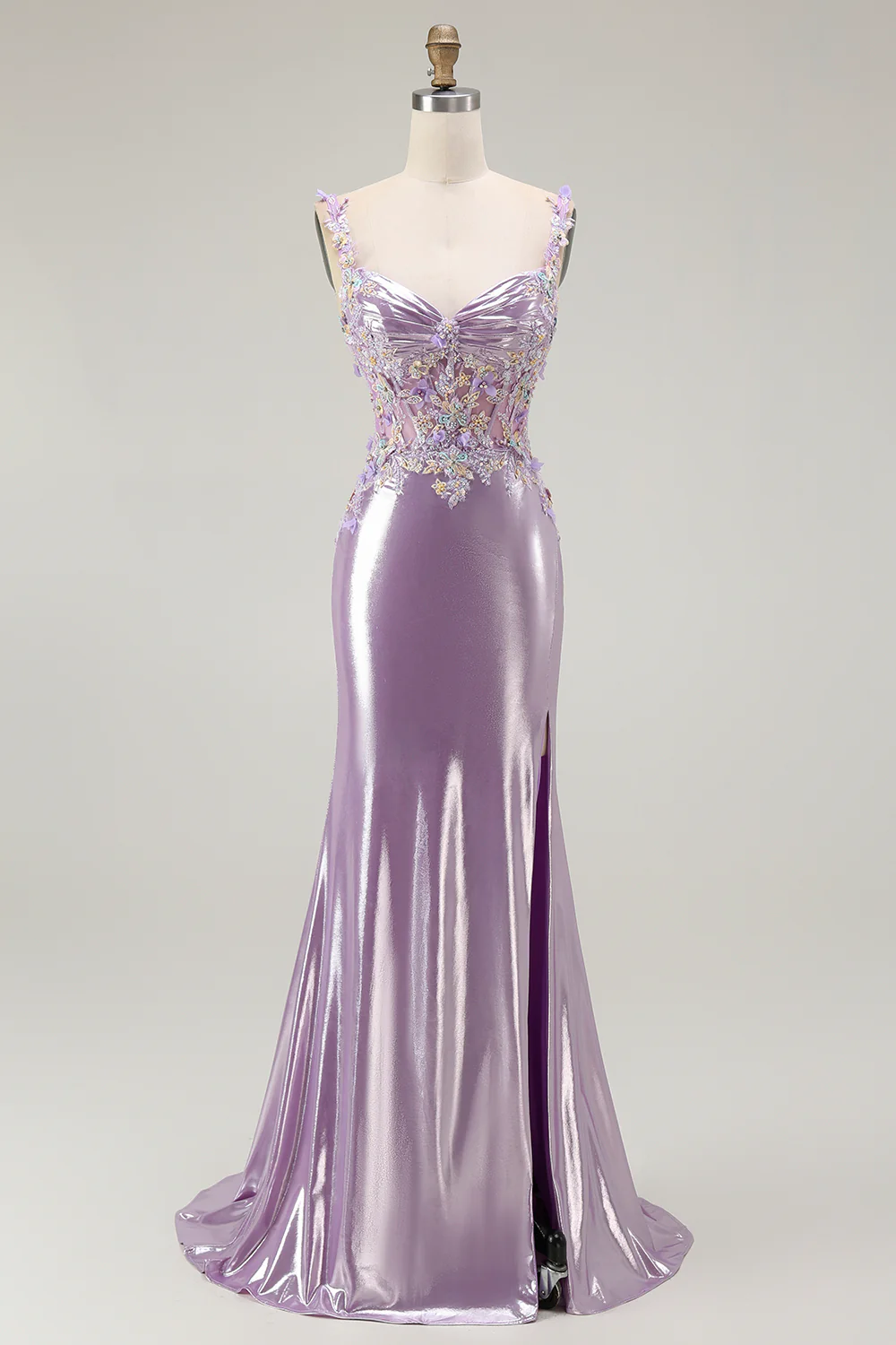 Sparkly Lilac Mermaid Floral Long Prom Dress with Slit - VNBITS