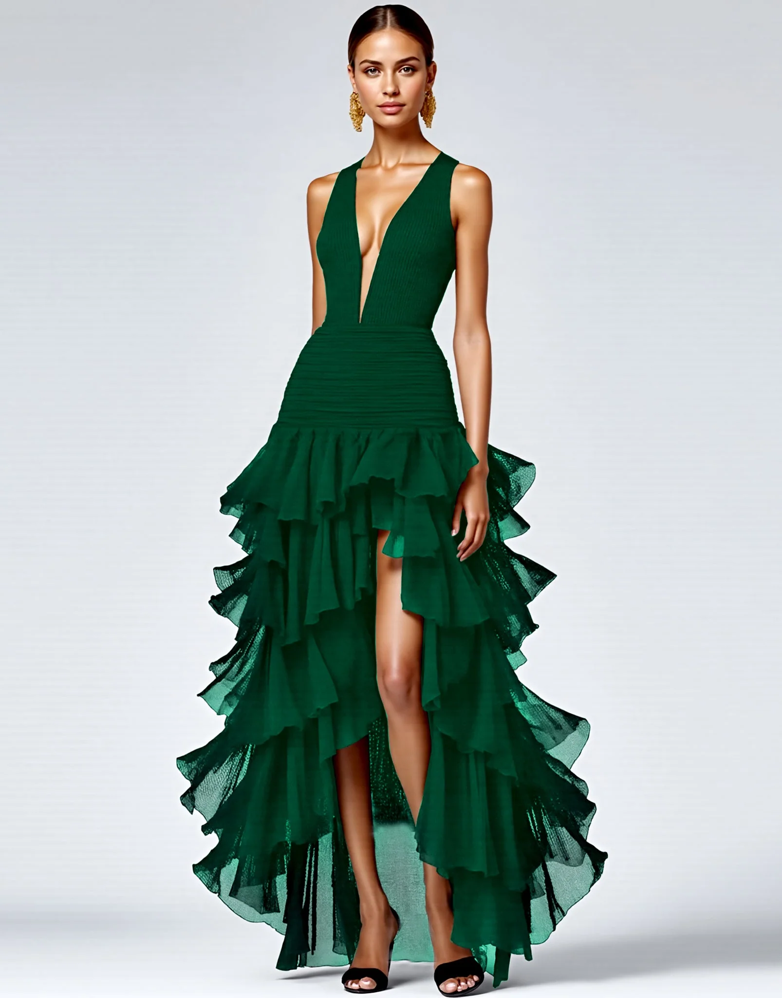 Royal Blue A Line Sleeveless V-Neck Tiered Long Formal Dress with Slit - VNBITS