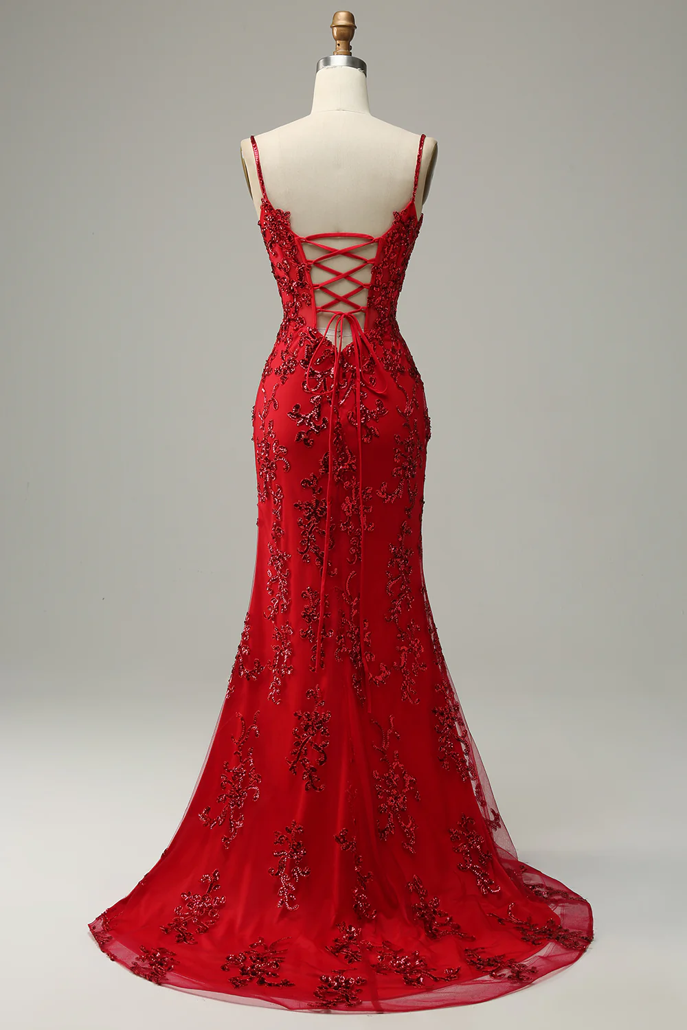 Red Spaghetti Straps Appliques Prom Dress with Slit - VNBITS