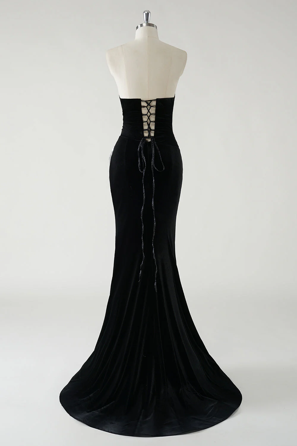 Black Strapless Velvet Sparkly Bows Long Formal Dress With High Slit (Not Gloves) - VNBITS