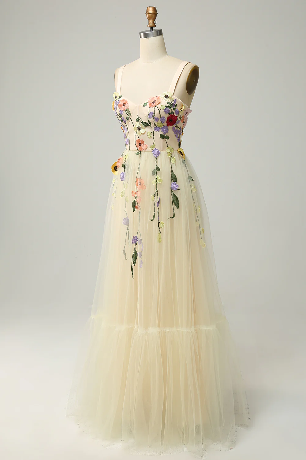 A-Line Flower Champagne Prom Dress - VNBITS
