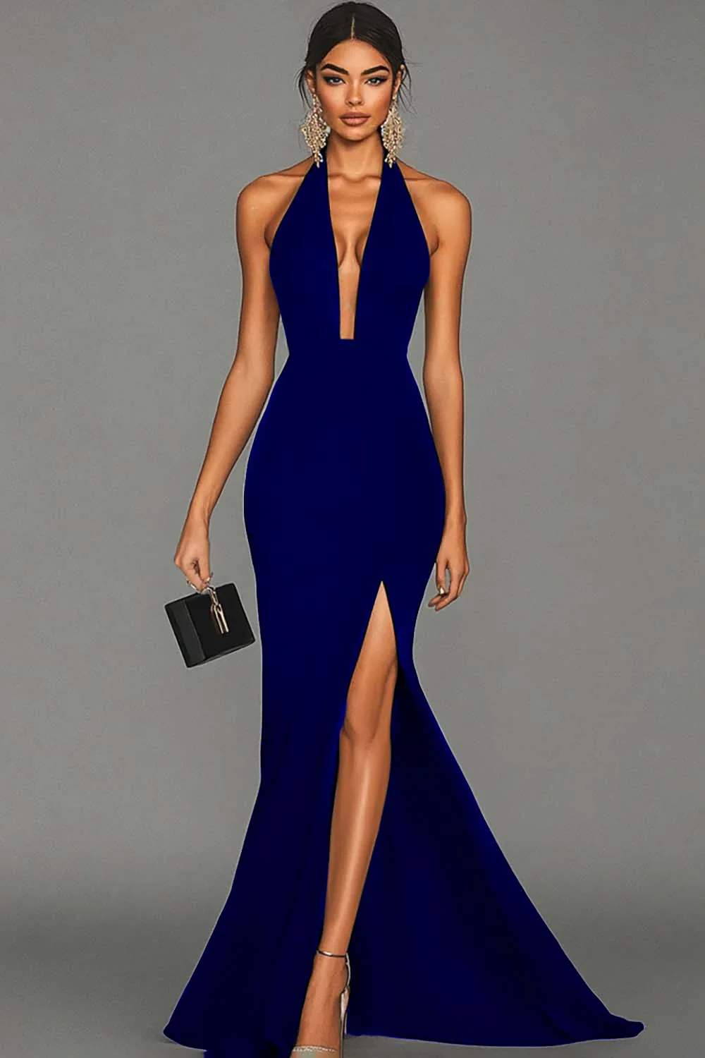 Black Mermaid Halter Neck Long Satin Formal Dress with Slit - VNBITS