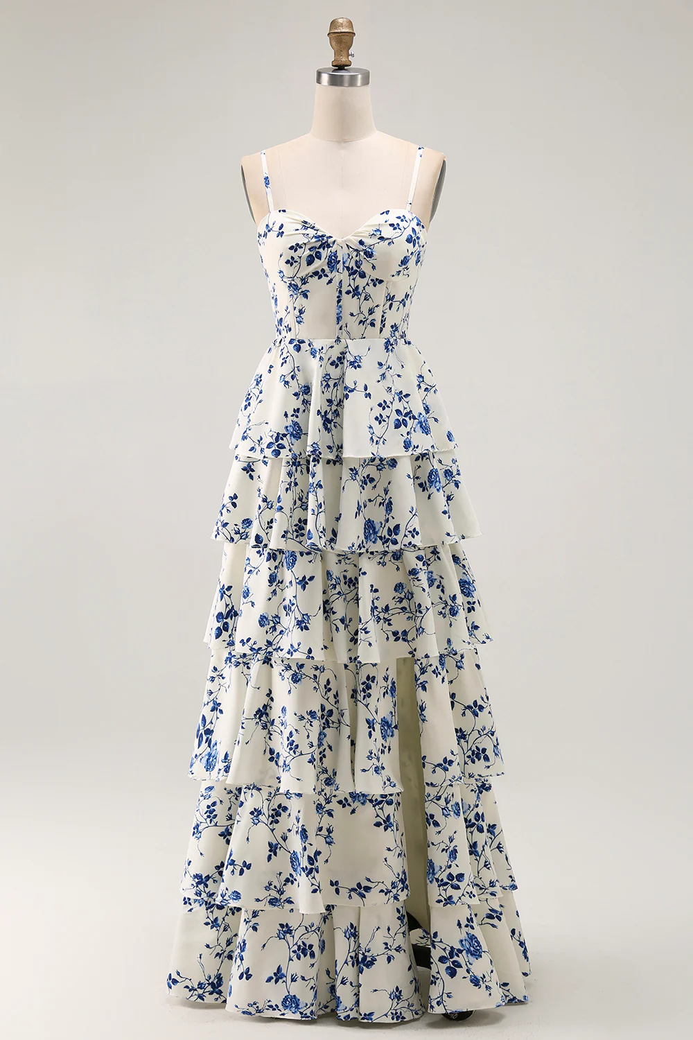 Blue Floral Tiered A Line Ruffled Long Prom Dress with Slit - VNBITS