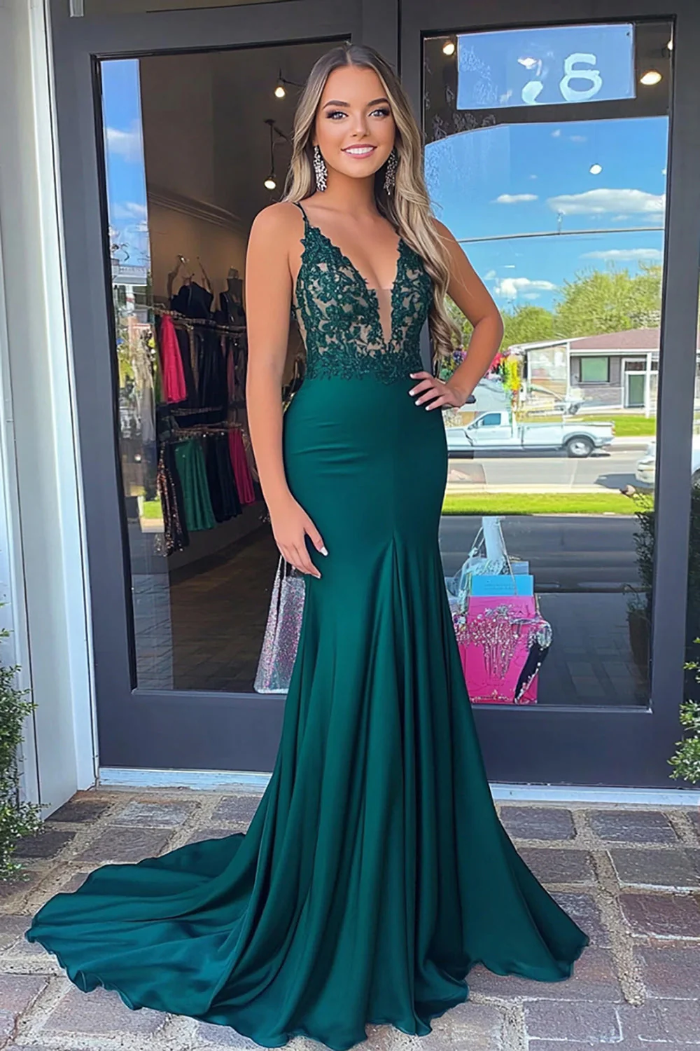 Glitter Dark Green Mermaid Spaghetti Straps Satin Long Prom Dress with Appliques - VNBITS