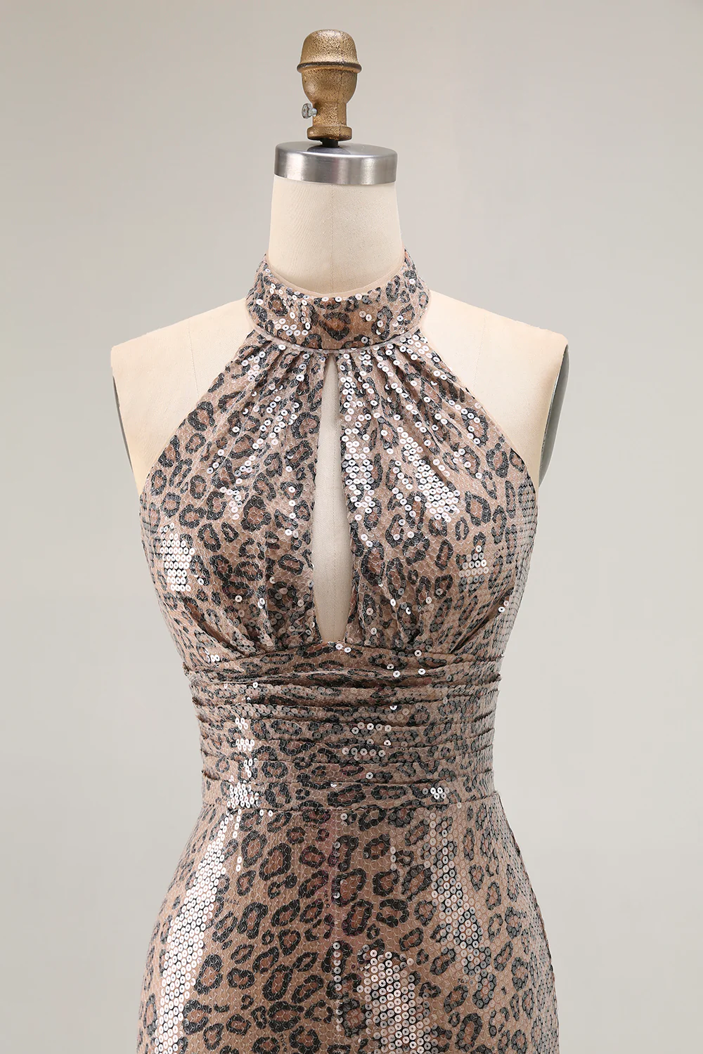 Sparkly Golden Leopard Keyhole Mermaid Sequin Long Prom Dress with Slit - VNBITS