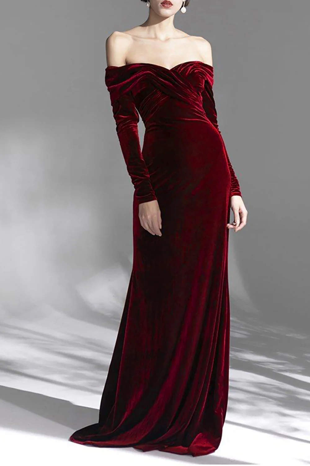 Burgundy Velvet Off the Shoulder Long Sleeves Floor Length Evening Dress - VNBITS