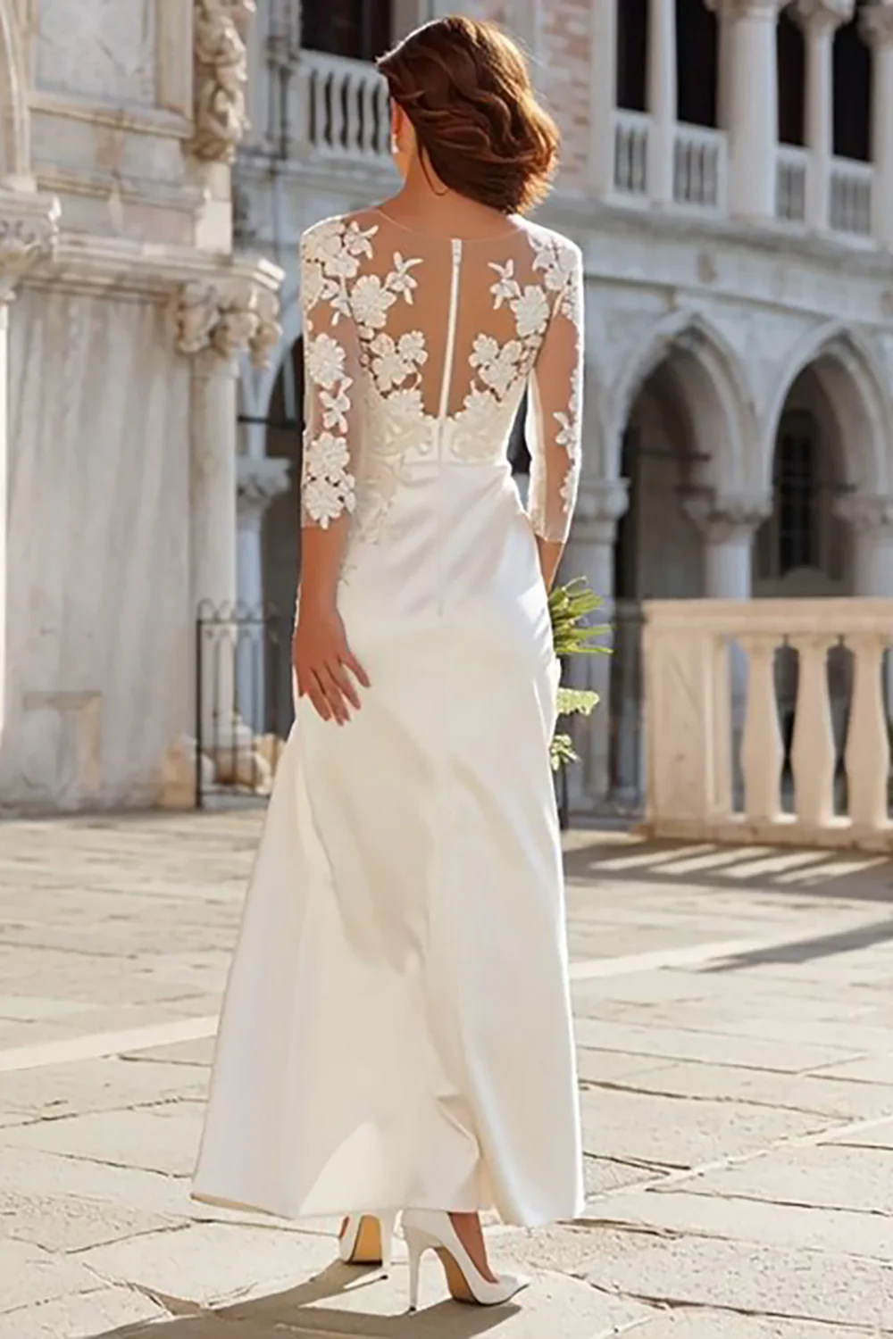 Ivory Sheath Appliqued Long Wedding Dress with Slit - VNBITS
