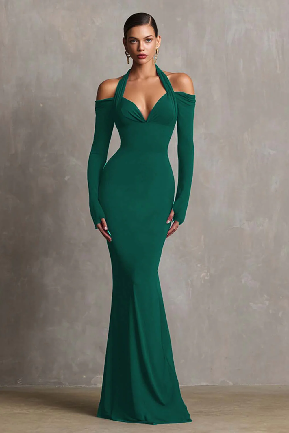 Burgundy Mermaid Halter Long Sleeves Long Formal Dress - VNBITS