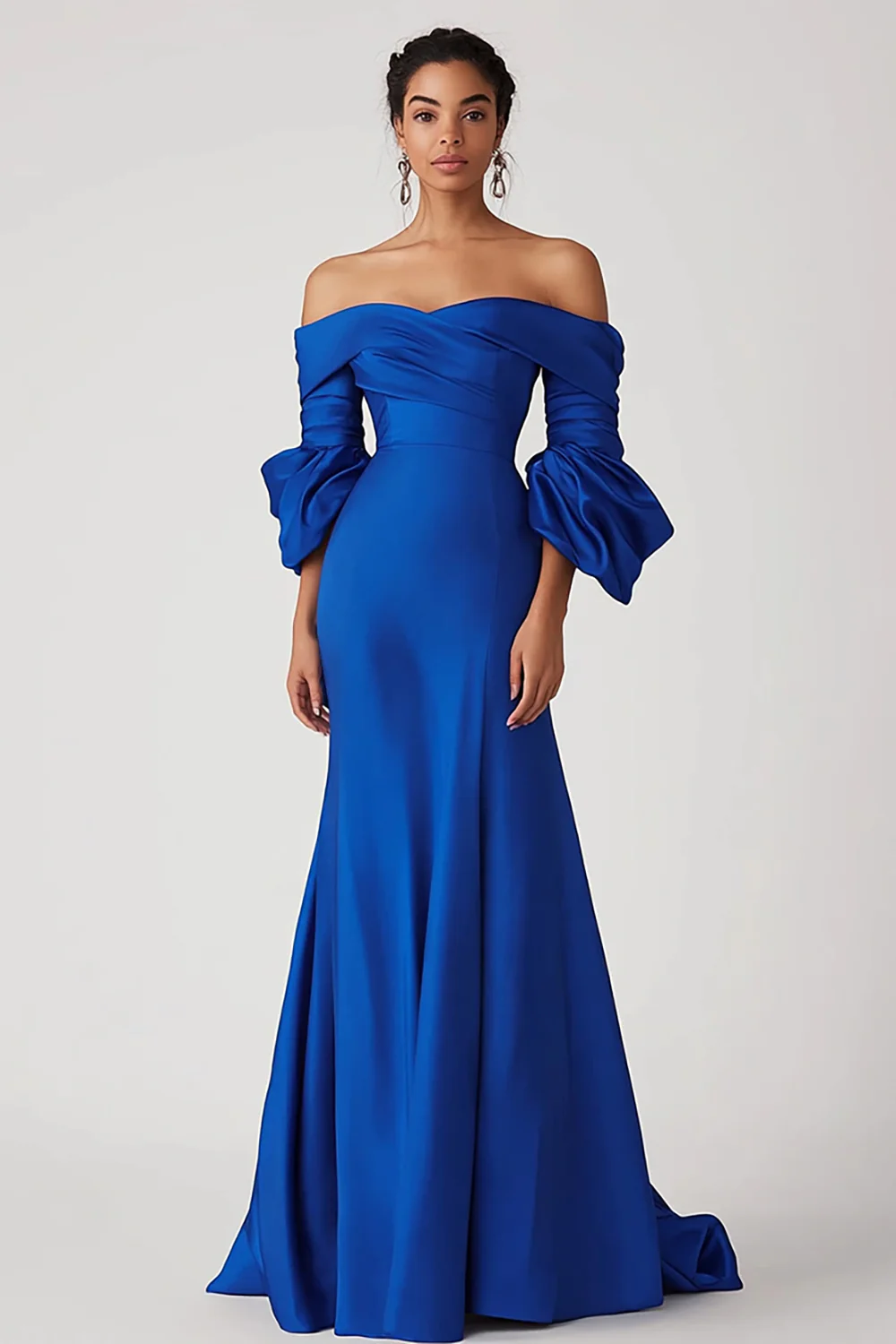 Satin Royal Blue Off the Shoulder Long Formal Dress with Half Sleeves - VNBITS
