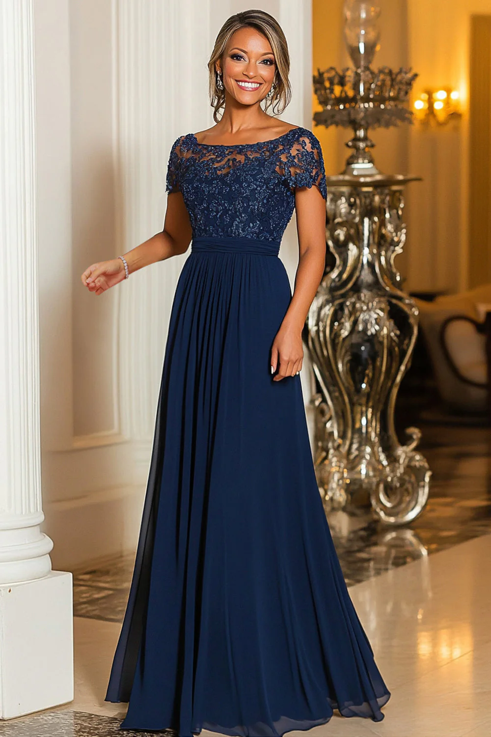 Navy Boat Neck Appliques A-Line Long Mother Of the Bride Dress with Sleeves - VNBITS