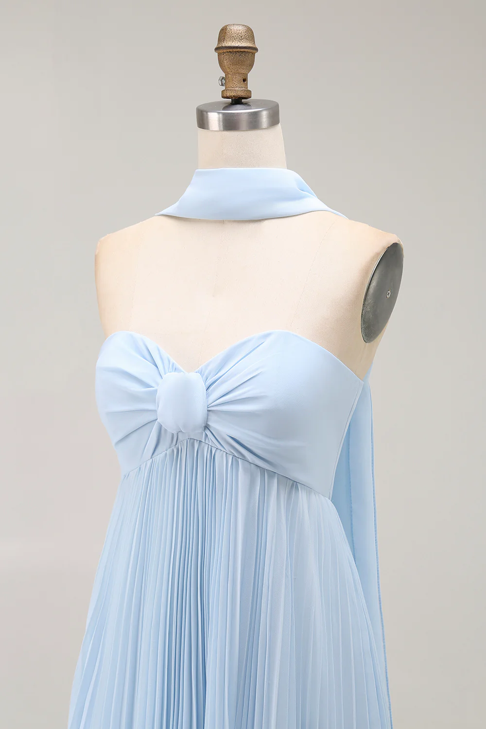 Sky Blue A Line Neck Scarf Pleated Long Bridesmaid Dress - VNBITS