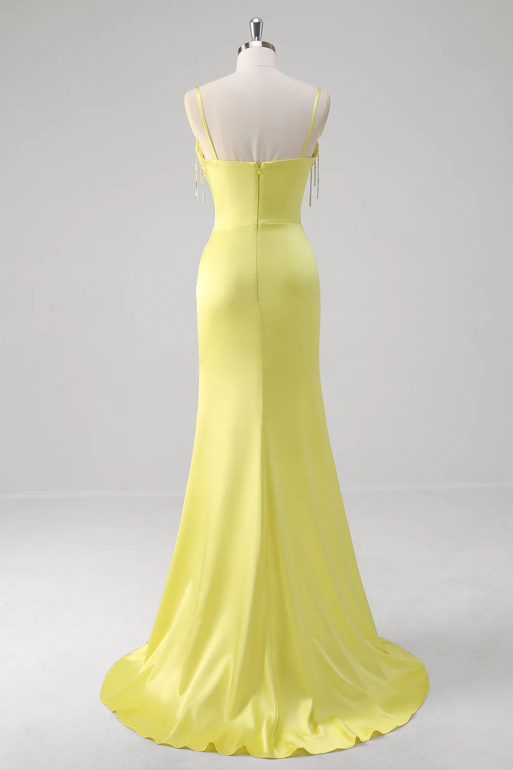 Yellow Mermaid Beaded Applique Spaghetti Straps Long Prom Dress with Slit - VNBITS