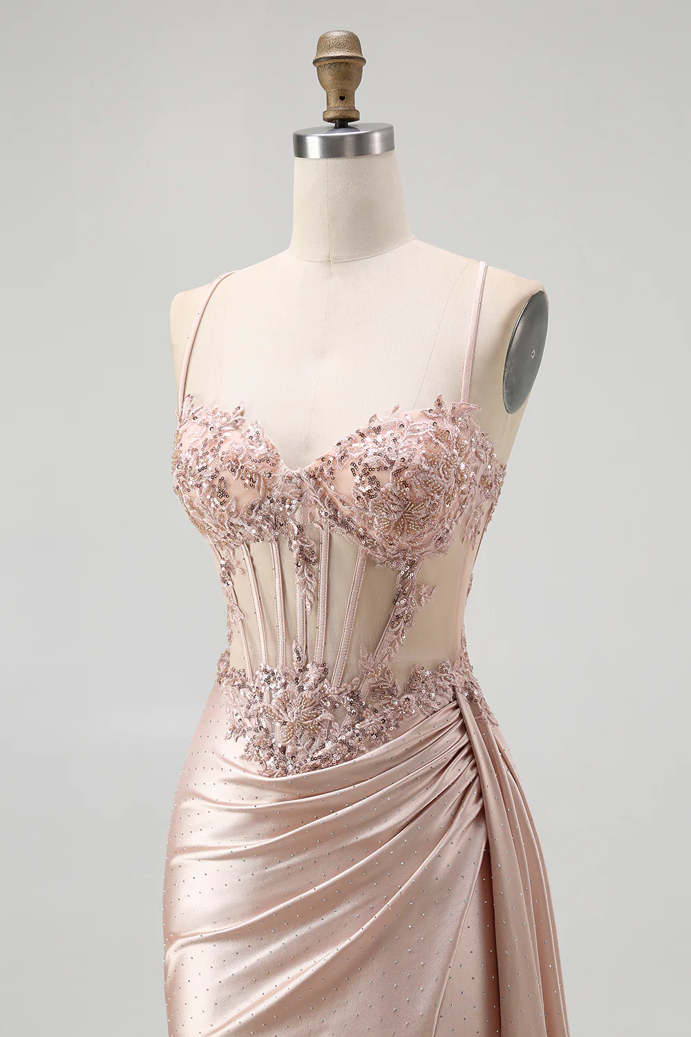 Sparkly Champagne Spaghetti Straps Mermaid Satin Long Prom Dress with Beading - VNBITS