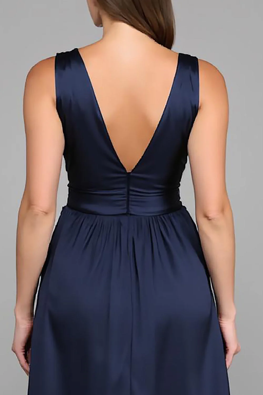 Simple Navy A Line Deep V Neck Long Formal Dress - VNBITS