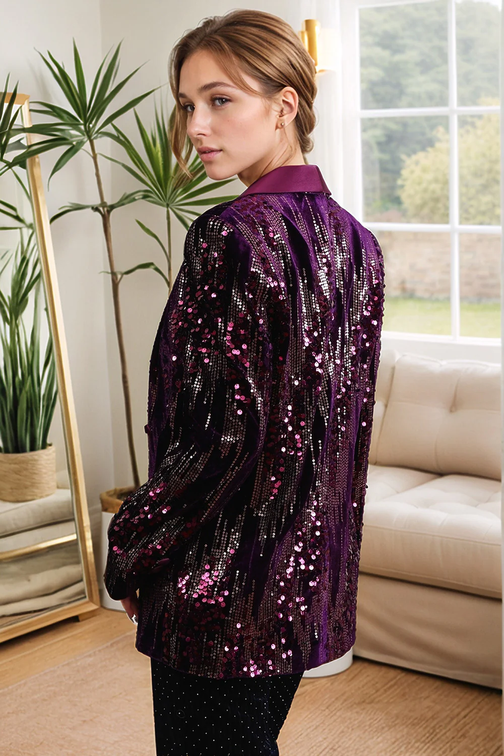 Sparkly Purple Shawl Lapel Women's Prom Blazer - VNBITS