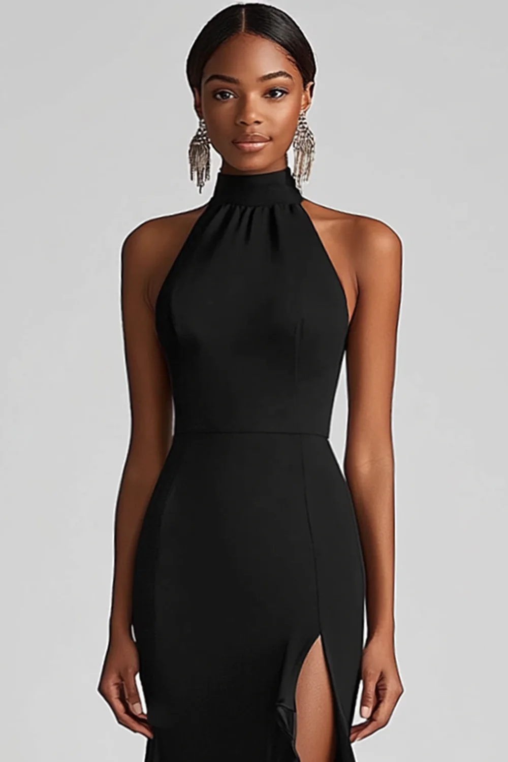Halter Neck Black Ruffled Mermaid Long Formal Dress with Slit - VNBITS
