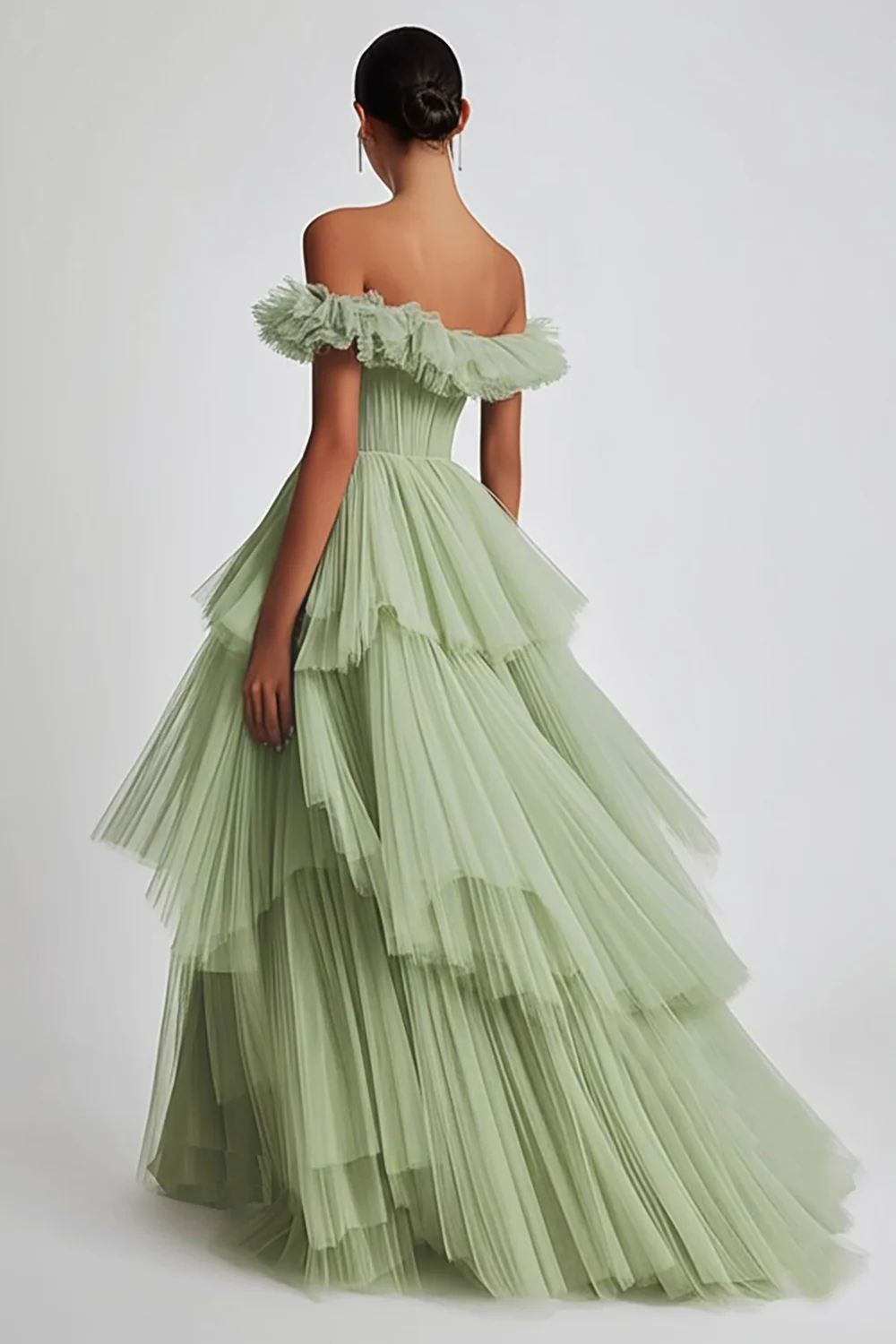 Dusty Sage Tulle Off the Shoulder Long Formal Dress with Ruffles - VNBITS