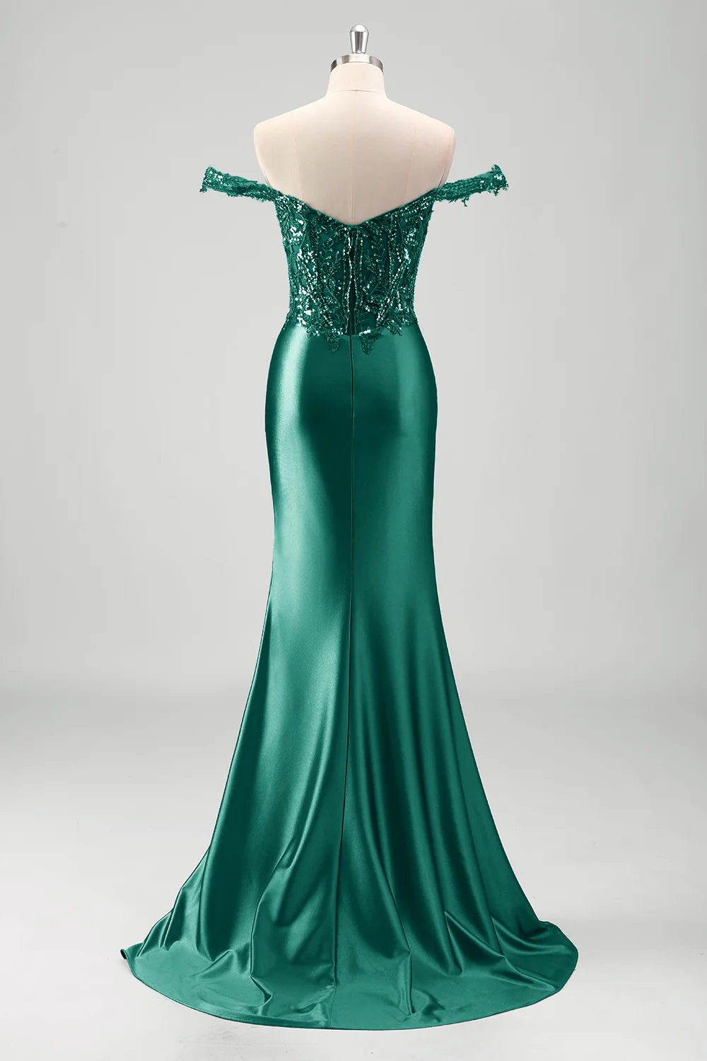 Grey Green Mermaid Applique Off The Shoulder Long Prom Dress with Slit - VNBITS