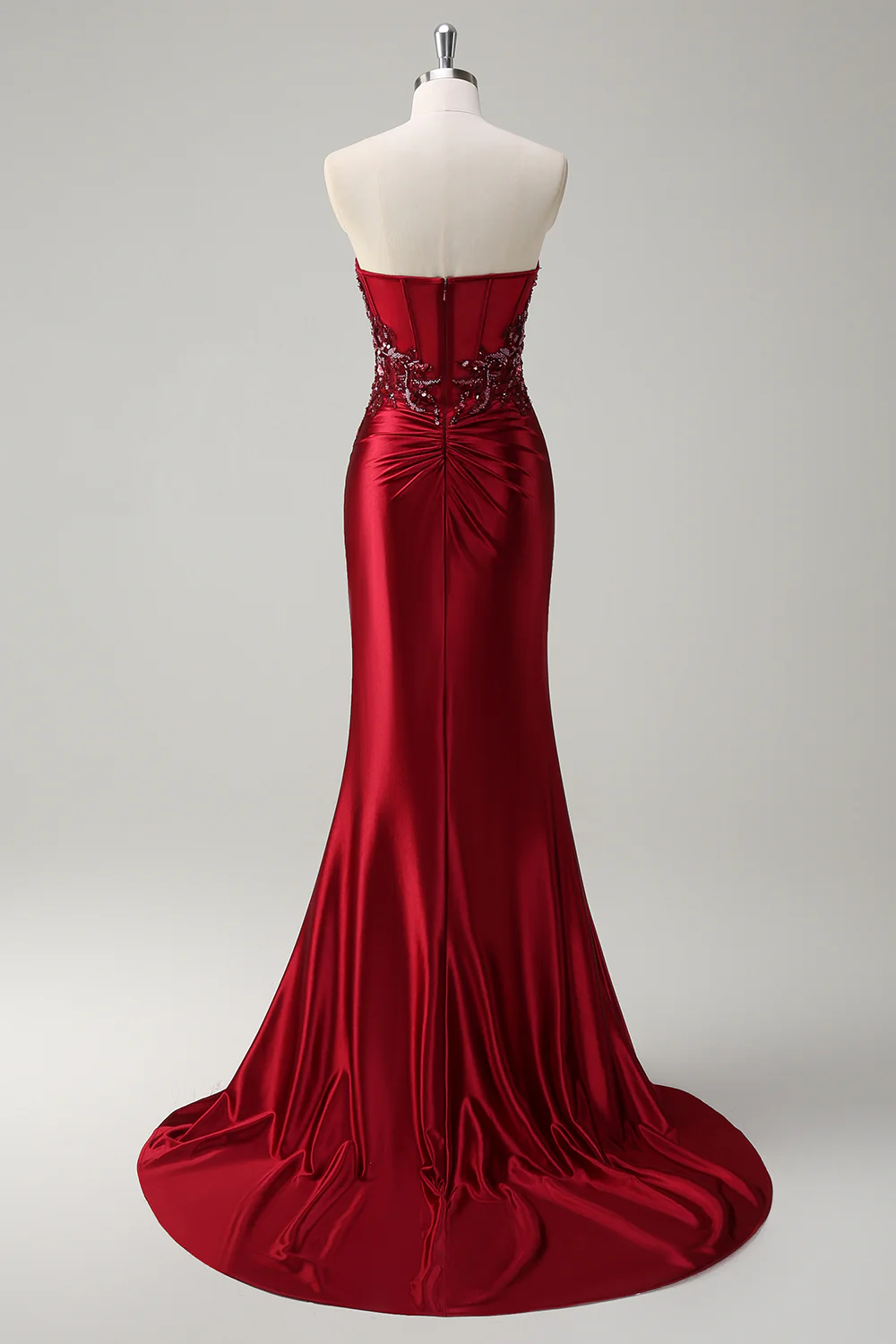 Sparkly Burgundy Floral Mermaid Beaded Corset Long Prom Dress with Slit - VNBITS