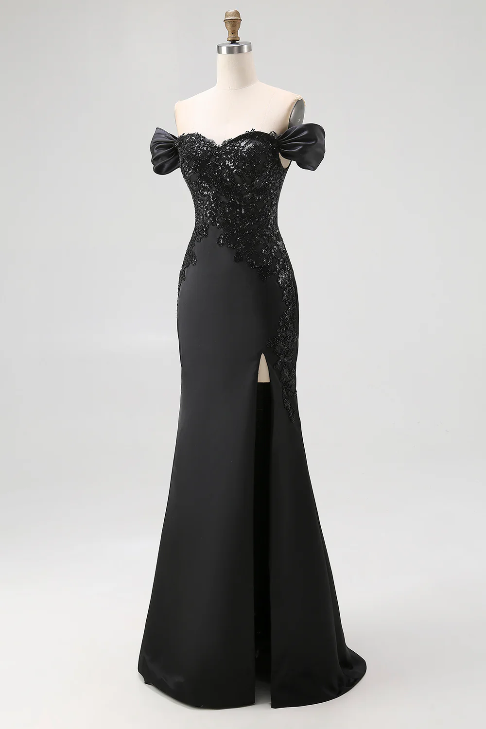 Sparkly Off the Shoulder Mermaid Long Satin Black Tie Dress with Slit - VNBITS