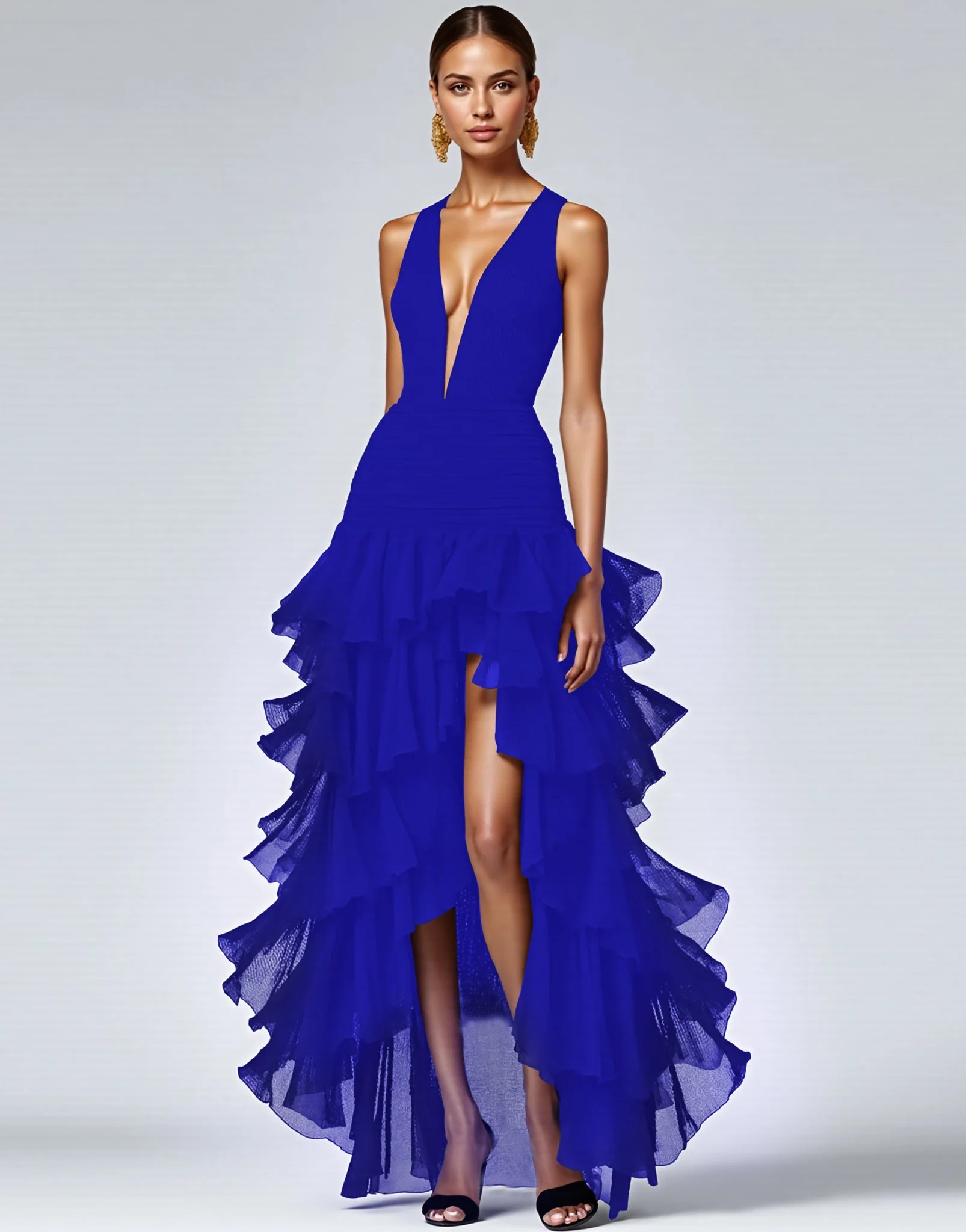 Royal Blue A Line Sleeveless V-Neck Tiered Long Formal Dress with Slit - VNBITS