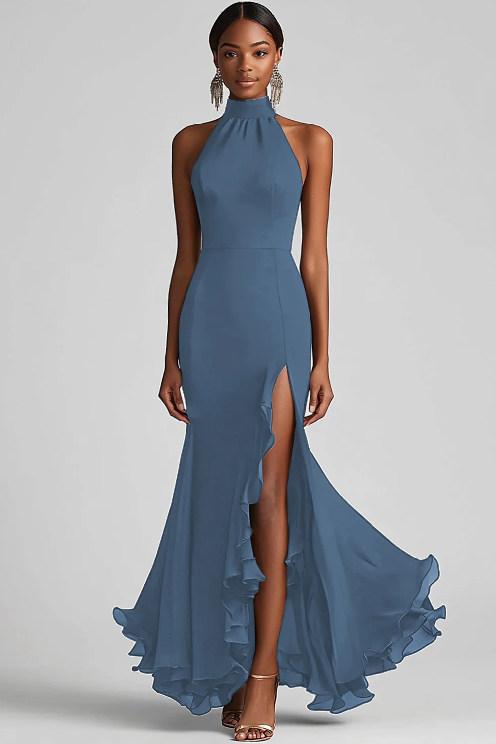 Halter Neck Black Ruffled Mermaid Long Formal Dress with Slit - VNBITS