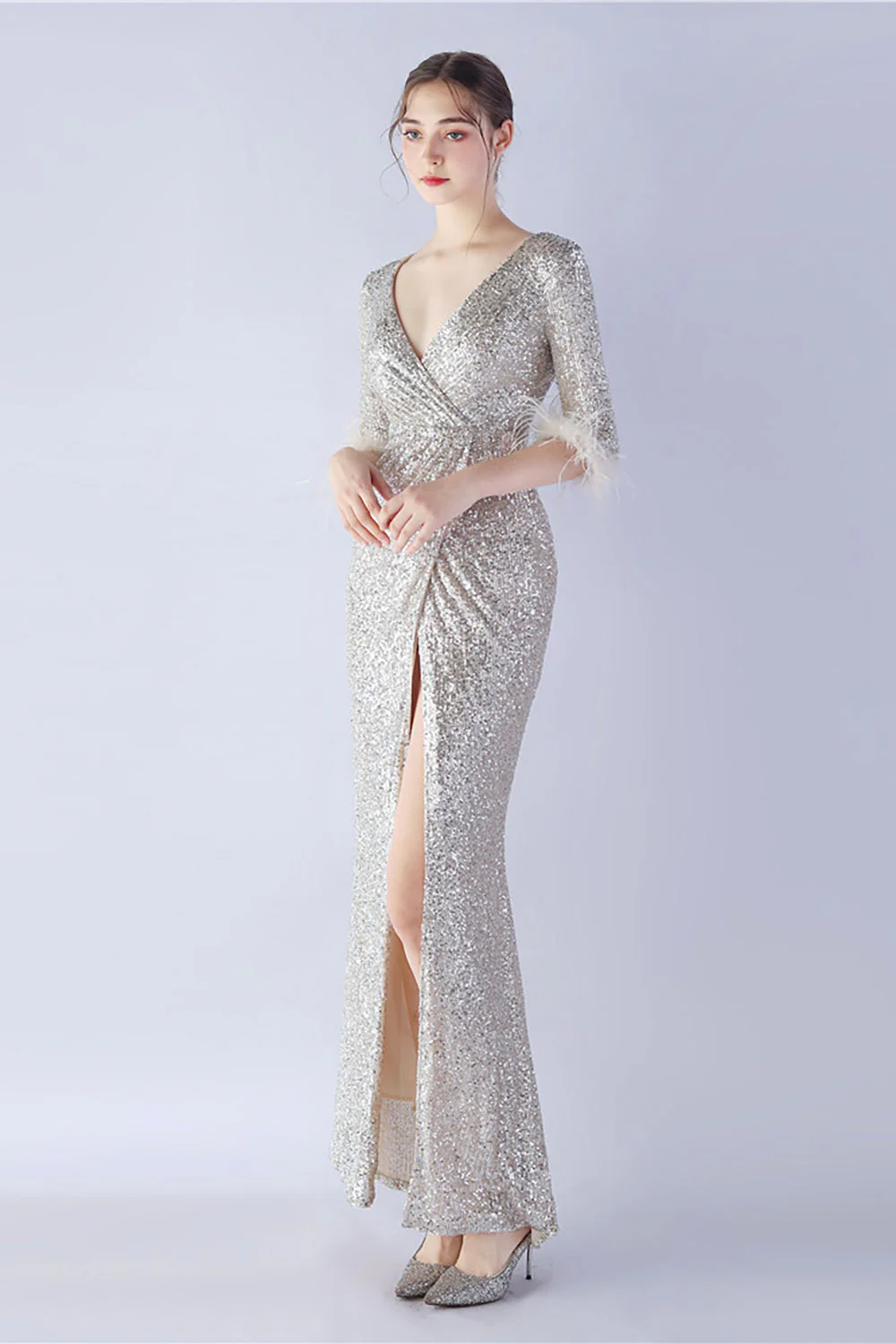 Navy Sequin V-neck Half Sleeves Sheath Formal Dress with Feather - VNBITS