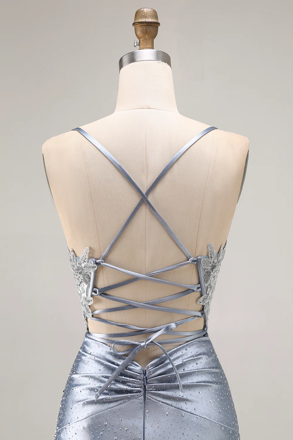 Sparkly Grey Blue Corset Mermaid Beaded Long Prom Dress with Appliques - VNBITS