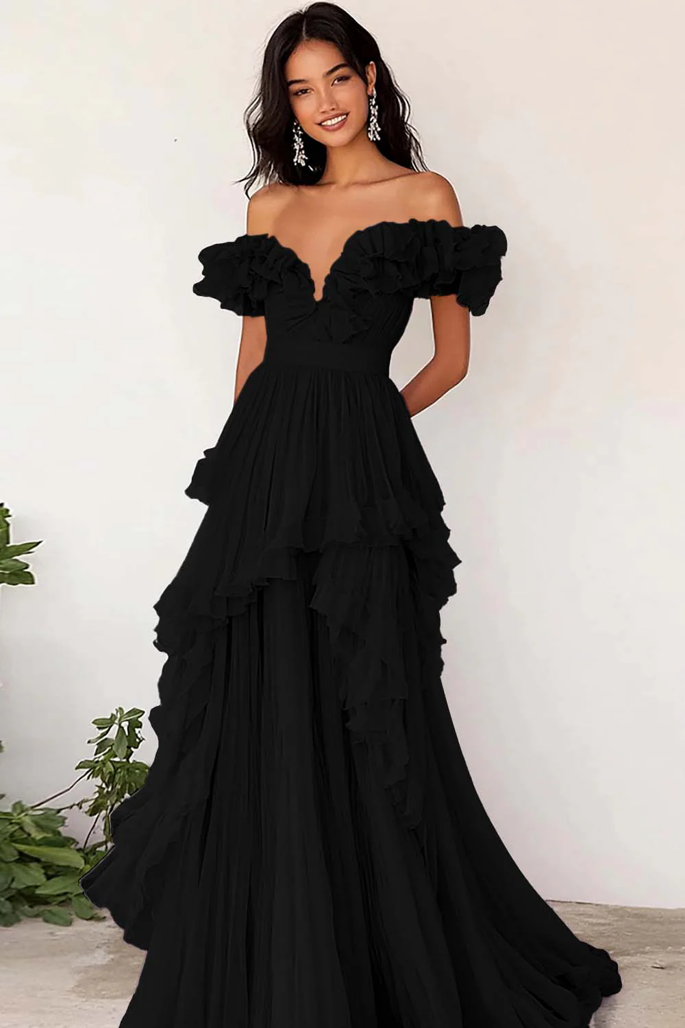 Lilac Chiffon A Line Long Off the Shoulder Prom Dress with Ruffles - VNBITS
