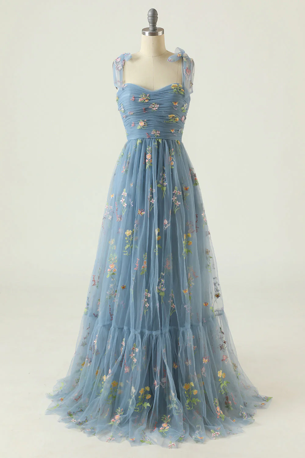 Grey Blue Long Prom Dress With Embroidery - VNBITS