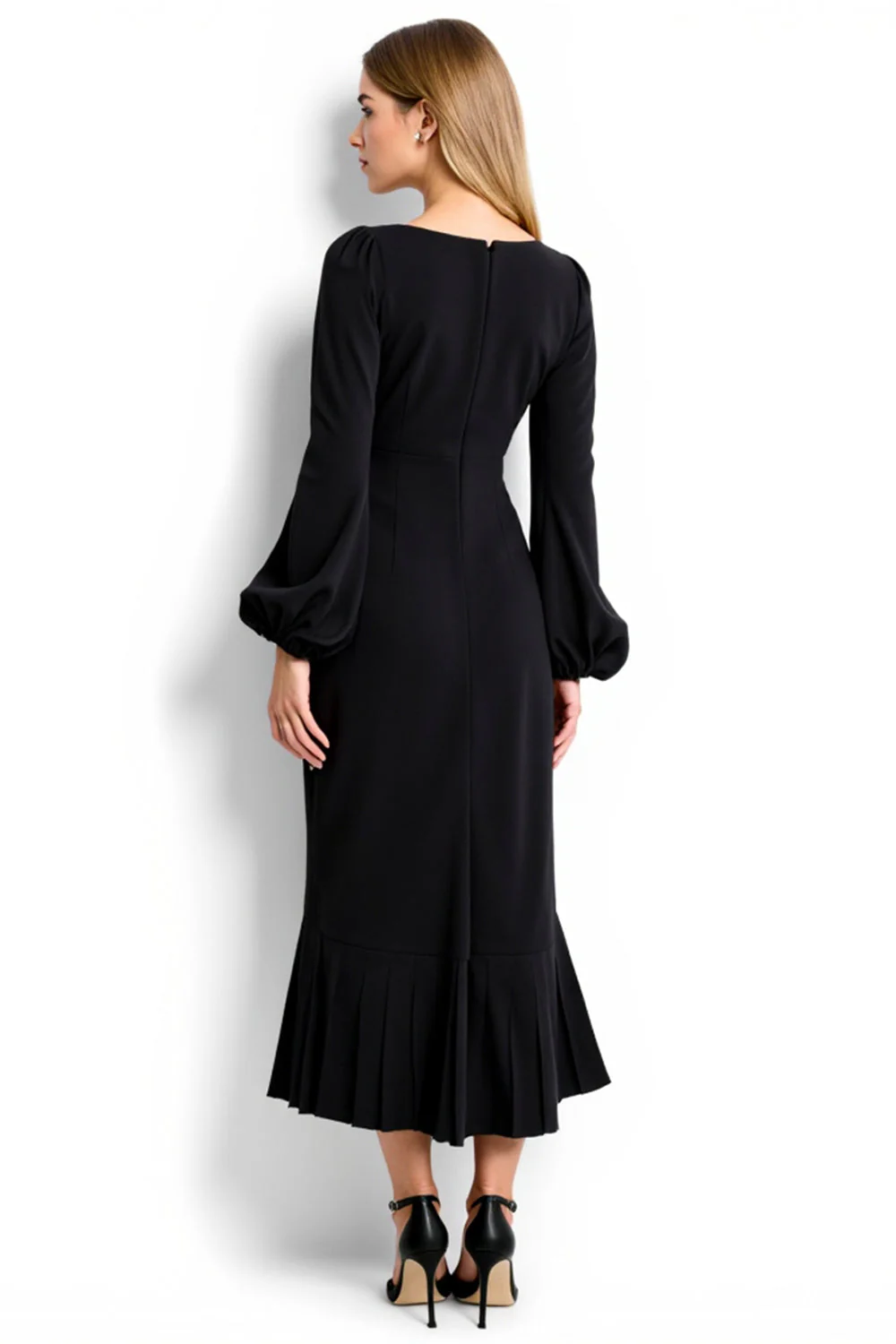 Simple Black Sheath Square Neck Long Work Dress with Sleeves - VNBITS
