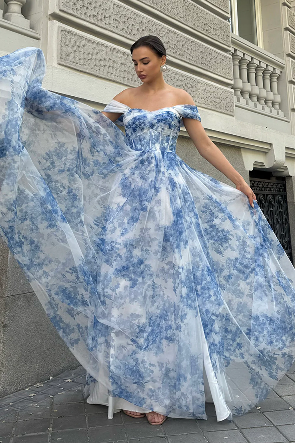 White Blue Flower Off The Shoulder Corset Long Bridesmaid Dress with Slit - VNBITS