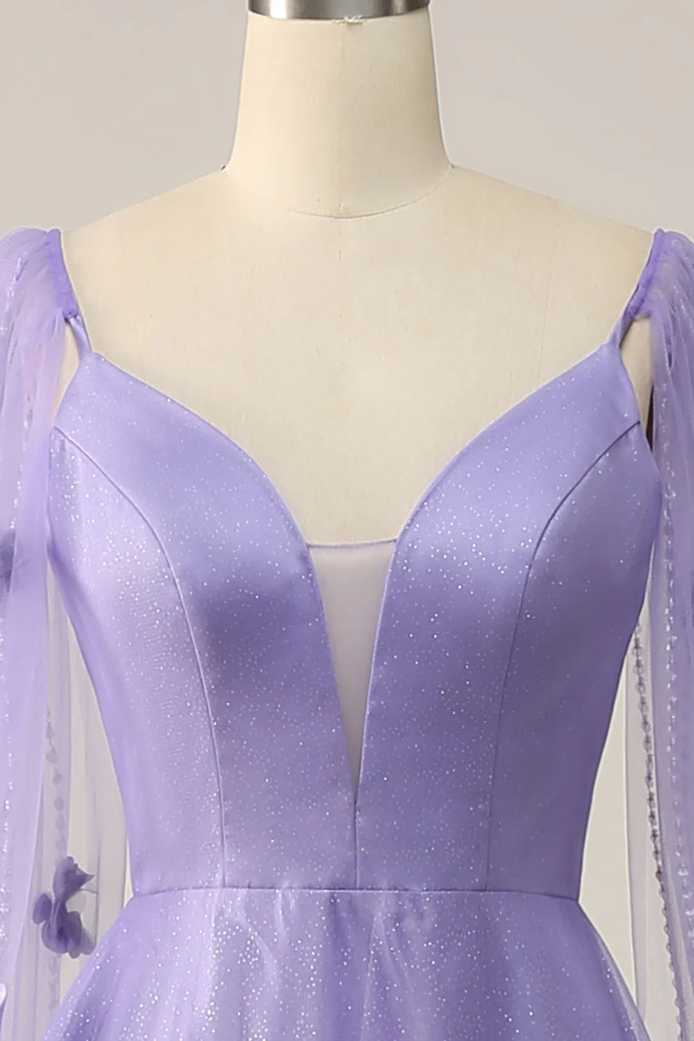 Purple Watteau Train Prom Dress With 3D Flowers - VNBITS